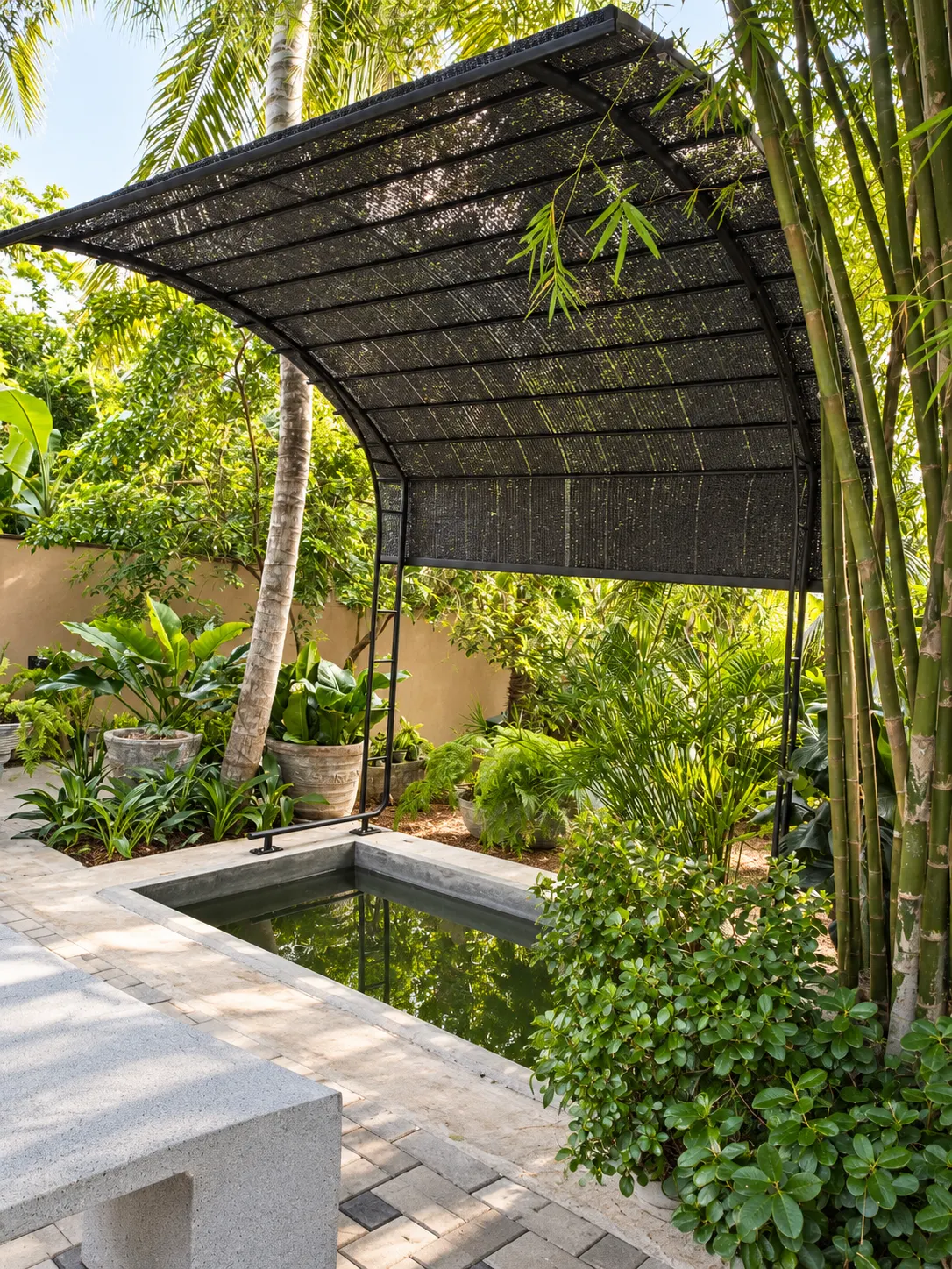 Woven mesh canopy over a garden pool