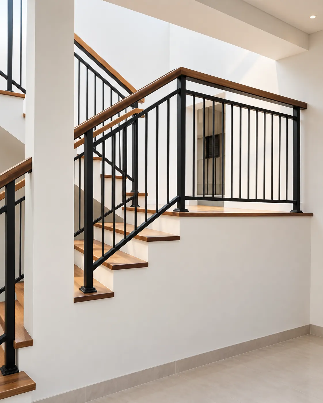 Interior staircase with black vertical bar railing