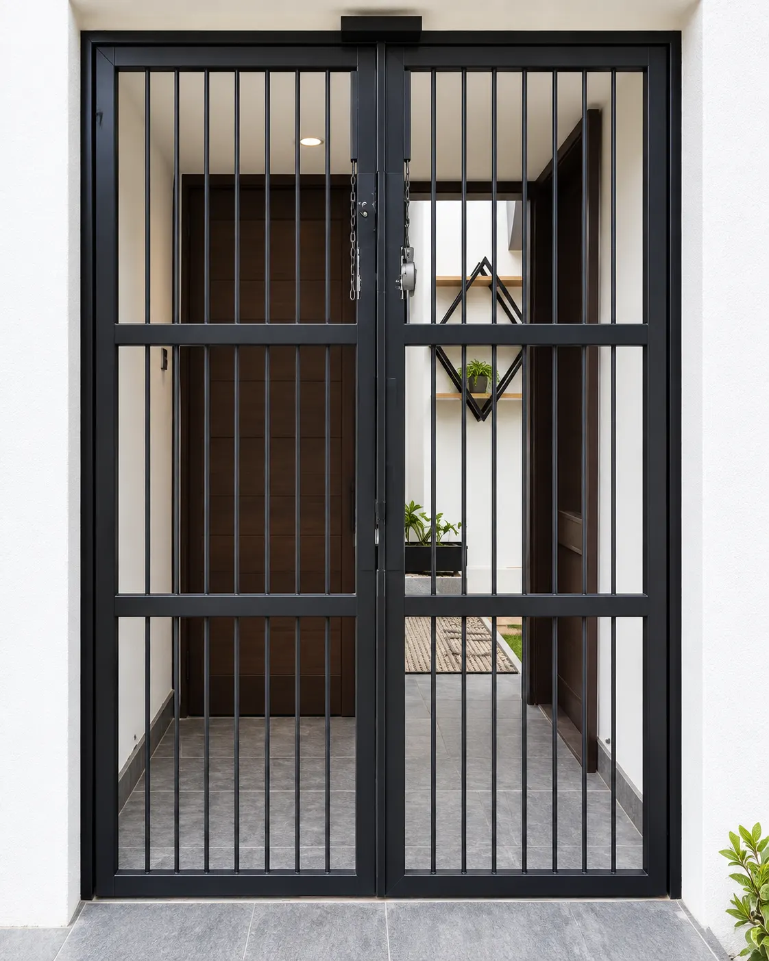 Black steel security entrance gate with vertical bars