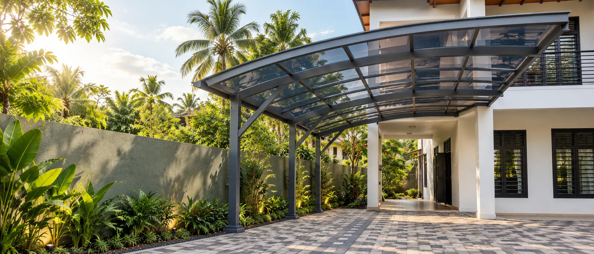 Architectural steel canopy over a modern outdoor walkway